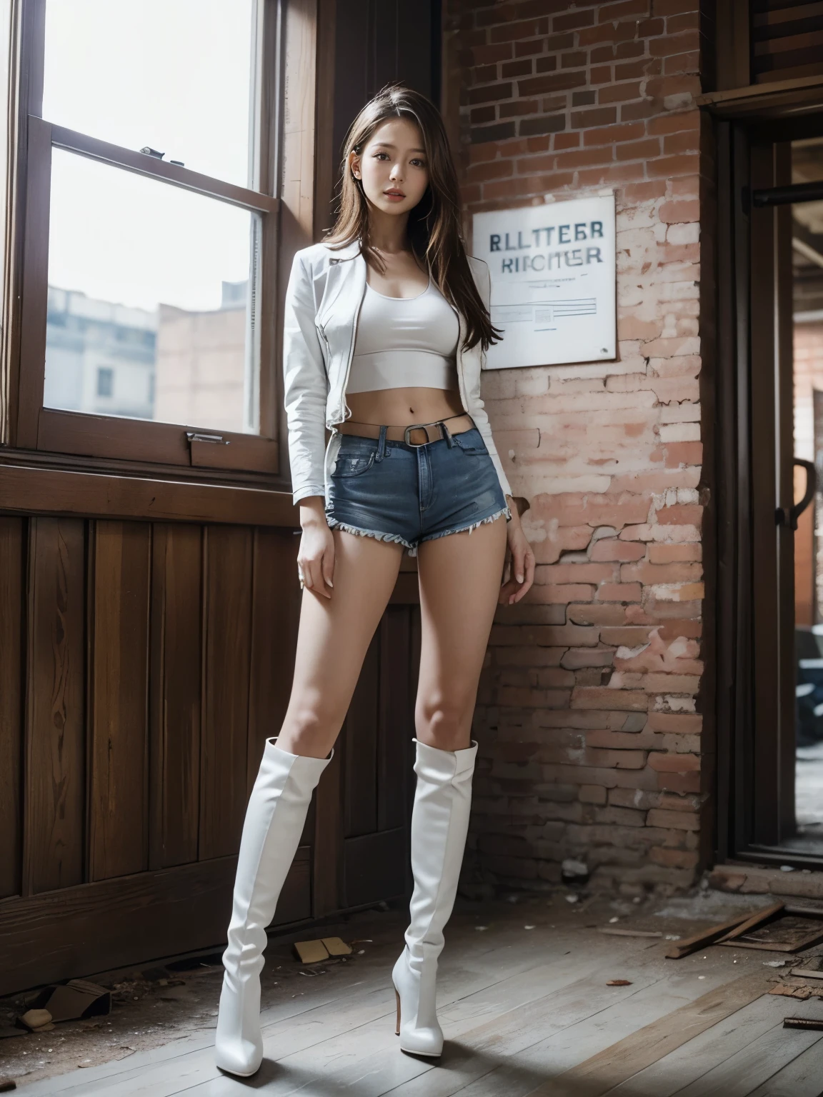 masterpiece,highest quality,High resolution,Full Body View,White jacket,Red innerwear,Belly button,Belted denim mini shorts,The heroine in white knee high boots with high heels,Perfect Legs,Perfect Skin,Perfect Arms,Abdominal muscles,The background is an abandoned factory