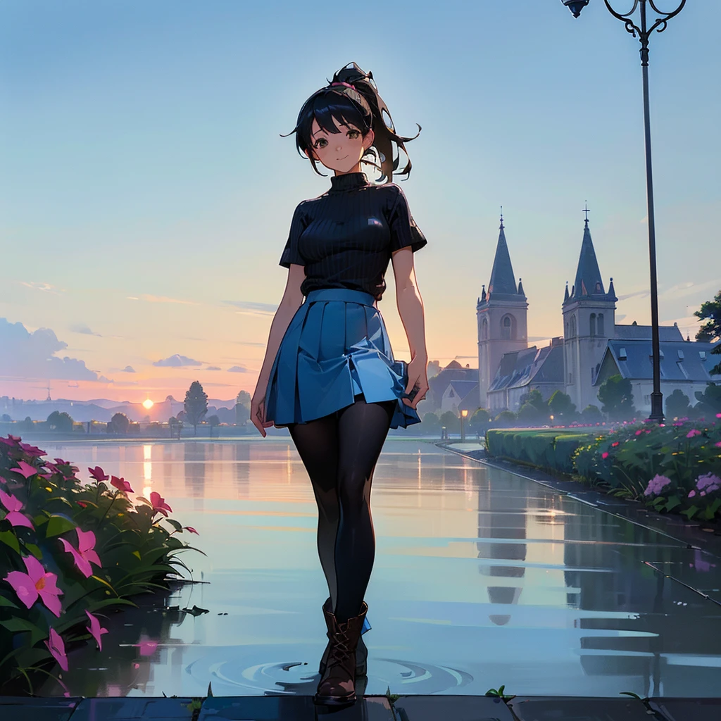 (high quality, High resolution, Very detailed, reality:1.37), Peaceful atmosphere, (Outdoor, garden), Teenage girl standing alone, (my breasts are big.), Beautiful details, Cute Smile, (Black hair ponytail), Short sleeve ribbed sweater, Blue Skirt, Black tights, Brown boots.