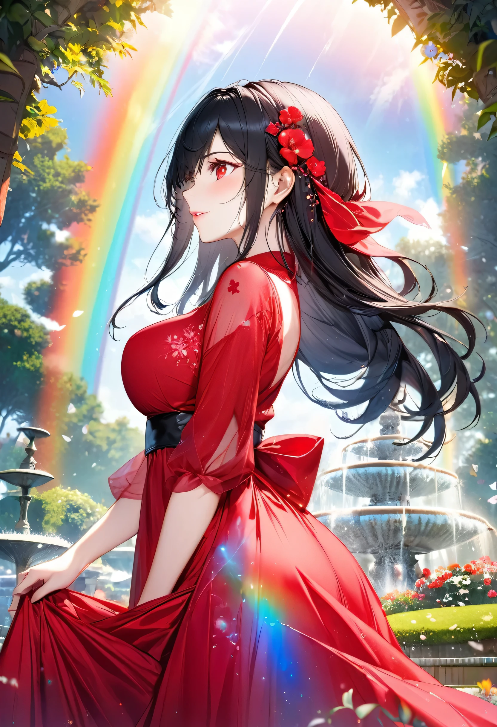 (profile beautiful style), (solo:2, 18 yo), (beautiful straight) (beautiful detailed black hair, very long hair) (best sadist girl, cool beautiful red eyes, glossy lip, big tits, looking sky, best love smile:1.1), in a immensely beautiful red dress with double exposure grow, break, in the beautiful enchanted garden, Large fountain with double exposure rainbow, BREAK, perfect anatomy, masterpiece, best quality, 16k, beautiful detailed love, daydreaming expression.