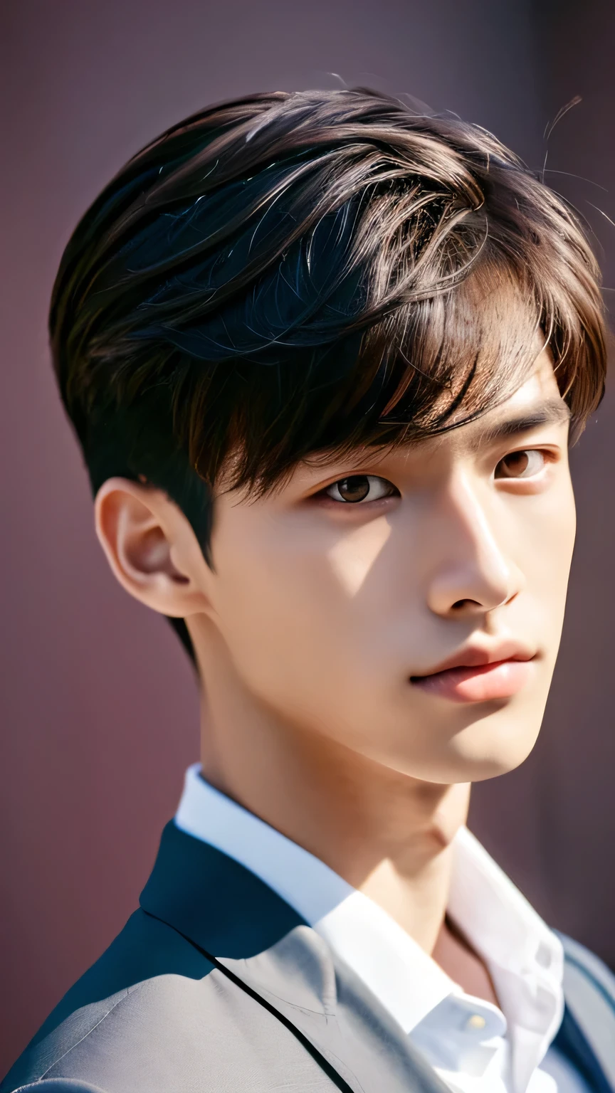 Highest quality, masterpiece, Ultra-high resolution, (Realistic: 1.4), Original photo, wallpaper, Head Photo, skin, Simple Background, Iris, detailed, Selfie, 1 boy, 18-year-old, good looking, Wind,suit