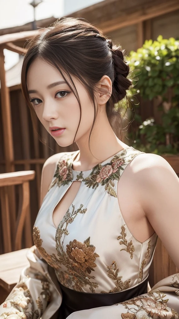 people oriented。Using realistic approach,Create and express the composition in which the character shines the most。((masterpiece))、(((Top quality)))、((Ultra Detailed))、(Surrealism)、(Highly detailed CG illustrations)、(Extremely refined)、女孩的masterpiece、Top quality、Realistic skin feel、Realistic fabrics、We will introduce a realistic illustration focusing on the front of a girl,Its eyes are lifelike、Meticulous attention to detail.。This is the absolute rule, The following sentence expresses the image quality。 The greatest painter in human history meets an incomparable beauty、这是犬夜叉上最伟大的masterpiece, Describe the most beautiful figure in life.。 Create the amazing anime artwork currently trending on seaStation、Presenting exquisite beauty and seductive aesthetics。Tie your hair up、Black pesant dress with detailed floral embroidery、Background is outdoor