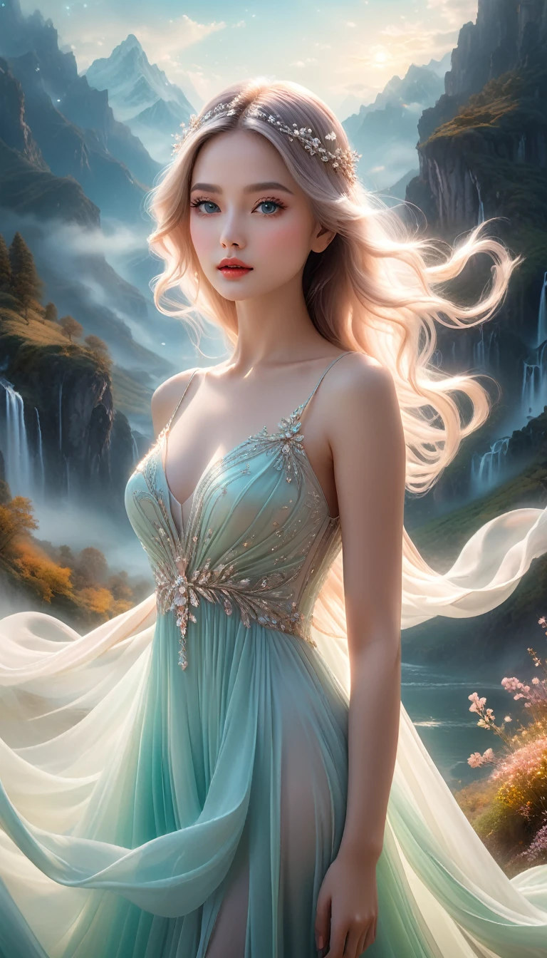 A beautiful woman in a surreal, dreamlike landscape, (best quality,4k,8k,highres,masterpiece:1.2),ultra-detailed,(realistic,photorealistic,photo-realistic:1.37),intricate details, ethereal, glowing light, soft pastel colors, romantic, emotional, delicate, enchanting, mystical, cinematic, dramatic lighting, magical realism, beautiful eyes, long eyelashes, serene expression, elegant pose, flowing dress, dreamlike atmosphere, blurred background, surreal elements, fantasy, soft focus