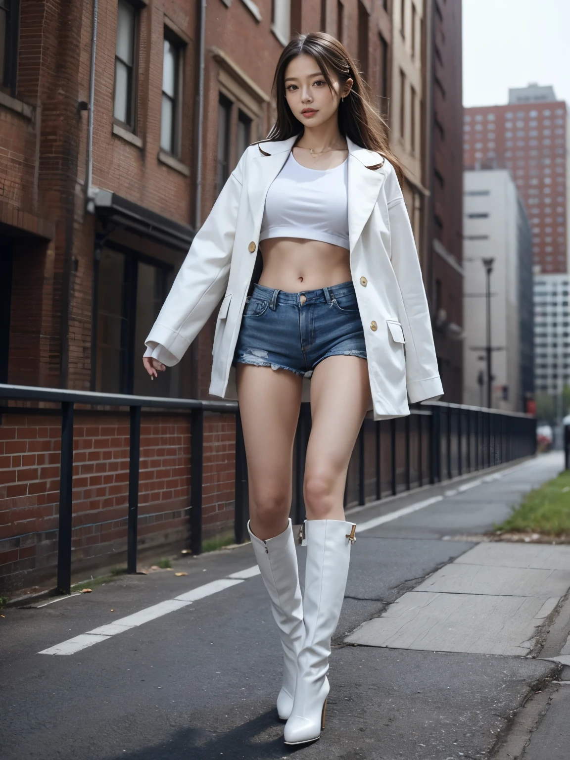 masterpiece,highest quality,High resolution,Full Body View,White jacket,Red innerwear,Belly button,Belted denim mini shorts,The heroine in white long boots with high heels,Perfect Legs,Perfect Skin,Perfect Arms,Abdominal muscles,The background is an abandoned factory