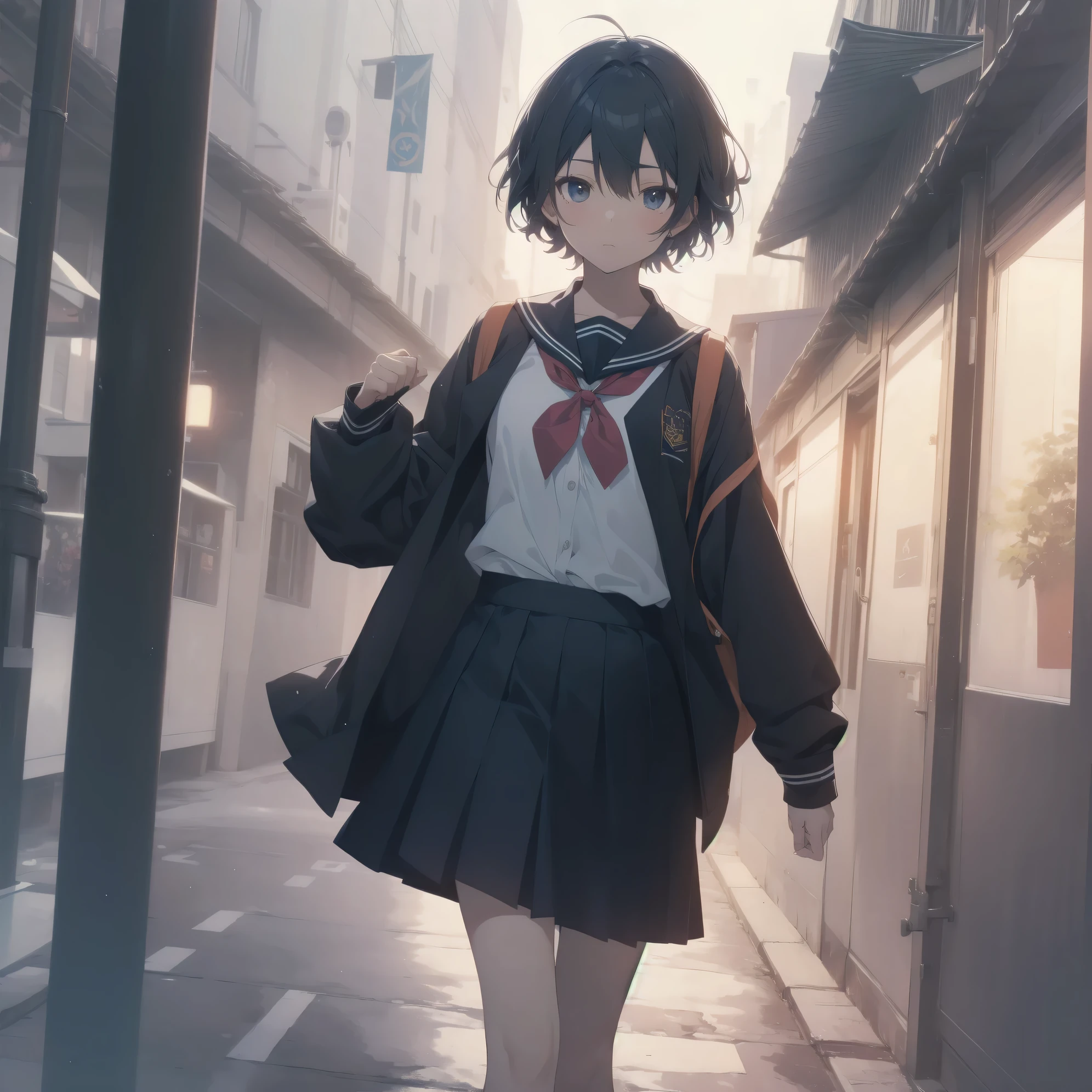 ultra-absurdres-Top quality by artist God, ultra-detailed, high resolution, anime moe artstyle, best anime 8k konachan wallpaper, pixiv contest winner, pool:2810, perfect anatomy,break, 1girl, (Please draw a girl walking sleepily to school alone. )break,(Solo,little female, 13-year-old:1.3),Full limbs, complete fingers,a junior high school student, (very short hair), short cut, flat chest, , small butt, small black eyes, beautiful detailed eyes, well-proportioned iris and pupils, expressive eyes, highres detailed hair, soft expression, salor school_uniform, sailor collar, serahuku, bow, pleated skirt,(Detailed Lighting), (Detailed background), in the School commute route. break,super detailed skin, Best cinematic lighting powered by famous artist, 8k,beauty illustration,photoshop_(medium),very aesthetic,break,((artist:anti_(untea9) )), artist:clamp ,artist:carnelian ,artist:kantoku ,
