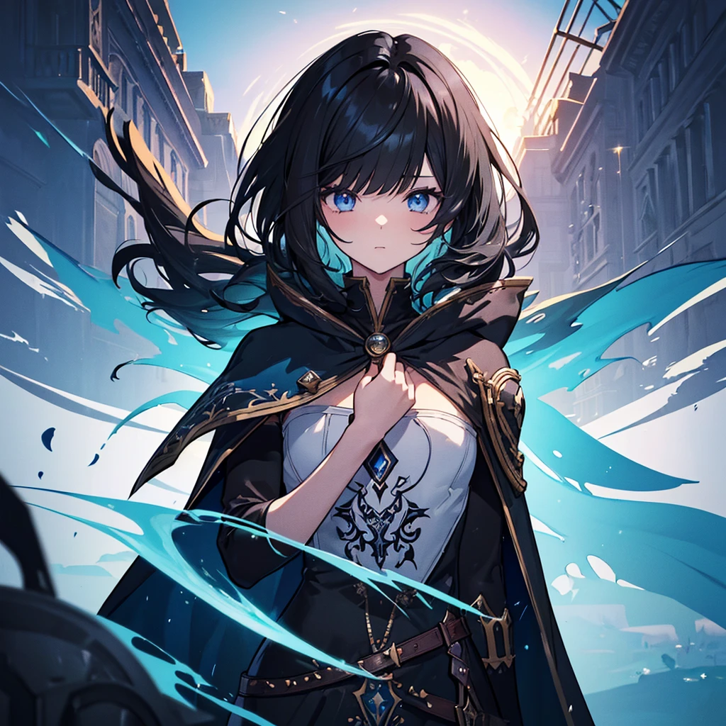 (Fantasy Illustration:1.5), (alone:1.2), (anime,8k,masterpiece, Highest quality, Highest quality,beautifully、aesthetic:1.2,Professional illustrations:1.1,Super detailed:1.3,Perfect lighting), Very detailed, Most detailed, Incredibly absurd, High resolution, Super detaileded, Complex:1.6, (girl), Very exquisite beautiful face and eyes, Beautiful Hair, Bob Hair, Blunt bangs, (Black Hair:1.4), ( Final Fantasy Blue Mage Costume,Hide your eyes,Cape:1.2), Guess the skin, (Abstract:1.2), cute, (Small stature,Mid-chest),