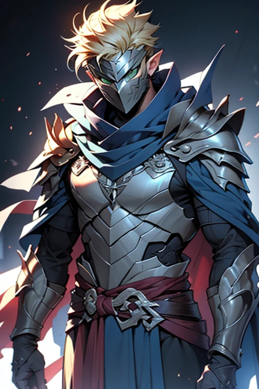 man, blond hair, short hair, green eyes, wears a mask that covers his entire face, only leaving his eyes and ears showing and his hair is also showing, pointy ears, wears a blue cloak with a contrasting black and has a symbol of a dragon with a white sword on it, he wears armor on his waist, holding a mithril dagger in his left hand, and in his right hand holding a silver dagger, the scene is a field full of swords stuck in him