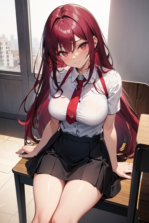 Kizi, Youngh, darkskin, maroon hair, smooth skin, amber eyes, long hair, maroon hair, height a little big, skirt above the knee, short gray adjustable skirt, adjustable white dress blouse, large breasted, light neckline on the dress blouse, a neckline on both sides of the short skirt, thick and beautiful legs, Body cute, Elegant Abdomen, beautiful smile, Cute position, cafeteria scenario, alone, warm lighting, muslos grandes