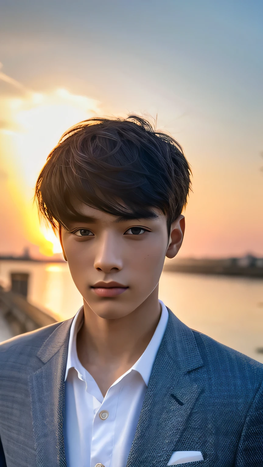 Highest quality, masterpiece, Ultra-high resolution, (Realistic: 1.4), Original photo, wallpaper, Head Photo, skin, Simple Background, Iris, detailed, Selfie, 1 boy, 18-year-old, good looking, Wind,suit、Sunset