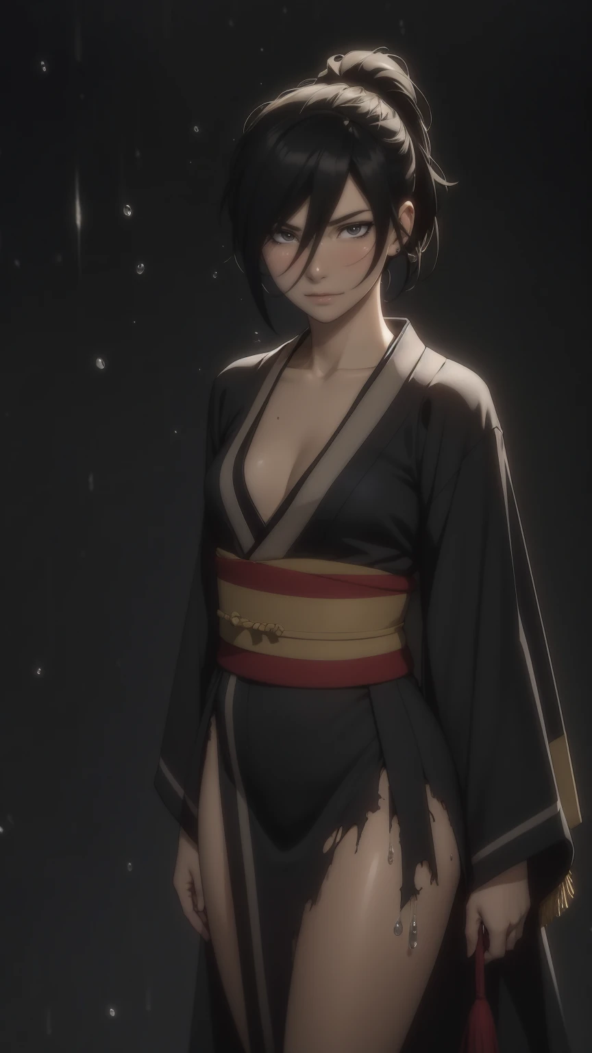 Alluring girl, black hair, low ponytail, hair between eyes, (torn black kimono:1.3), cleavage, medium breast, thick thighs, sexy pose, wet body, (raining), (water droplets:1.2), (masterpiece, best quality:1.2), volumetric lighting, (reflection light realistic:1.5, intricate, (simple dark background:1.5)