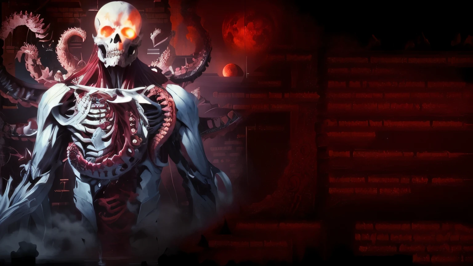 there is a photo of a skeleton and a human body, death note , d & d, Monster Anatomy, where Lovecraftian horrors roam, colossal titan, ! Monster Anatomy!, Manual monster entry, fine-details. アニメ. Tentacles, Cthulu, blood moon Tentacles!!, cyborg octopus, lovecraftian background, Lovecraftian horrors