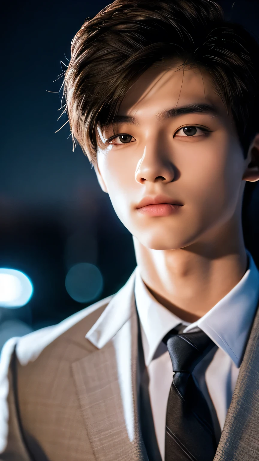Highest quality, masterpiece, Ultra-high resolution, (Realistic: 1.4), Original photo, wallpaper, Head Photo, skin, Simple Background, Iris, detailed, Selfie, 1 boy, 18-year-old, good looking, Wind,suit、night