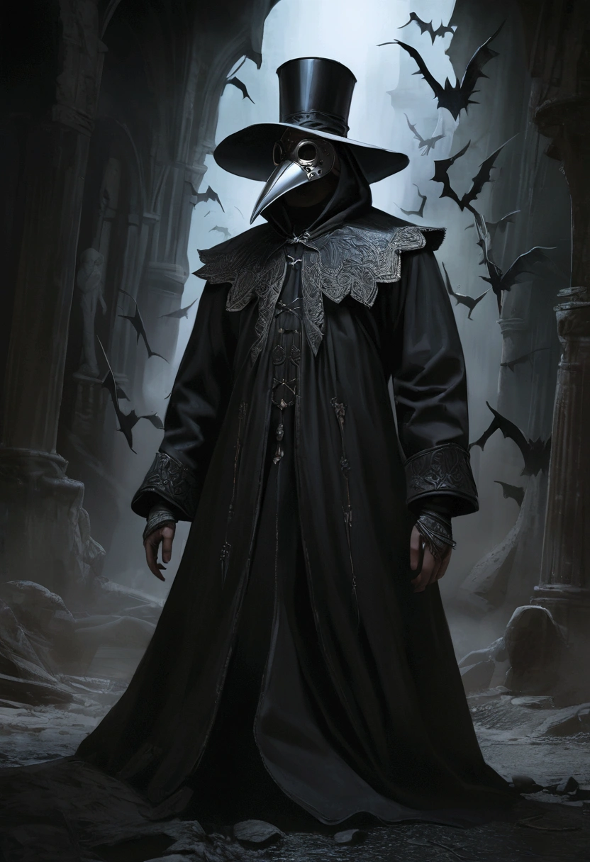 detailed plague doctor in black robe, silver beak mask, black top hat, photorealistic, hyperrealistic, 8k, high quality, cinematic, dramatic lighting, dark fantasy, moody atmosphere, intricate details, gothic, ominous, mysterious, grim, menacing, foreboding, eerie, unsettling, somber, haunting, chiaroscuro, dramatic shadows, dramatic highlights