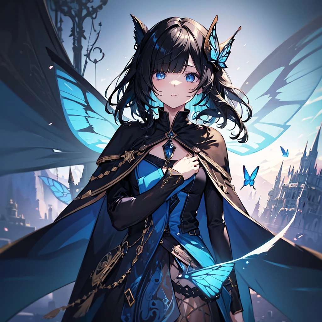 (Fantasy Illustration:1.5), (alone:1.2), (anime,8k,masterpiece, Highest quality, Highest quality,beautifully、aesthetic:1.2,Professional illustrations:1.1,Super detailed:1.3,Perfect lighting), Very detailed, Most detailed, Incredibly absurd, High resolution, Super detaileded, Complex:1.6, (girl), Very exquisite beautiful face and eyes, Beautiful Hair, Bob Hair, Blunt bangs, (Black Hair:1.4), ( Final Fantasy Blue Mage Costume,Hide your eyes,Cape:1.2), Guess the skin, (Abstract:1.2), cute, (Small stature,Mid-chest),Butterfly mask,Eye Masks