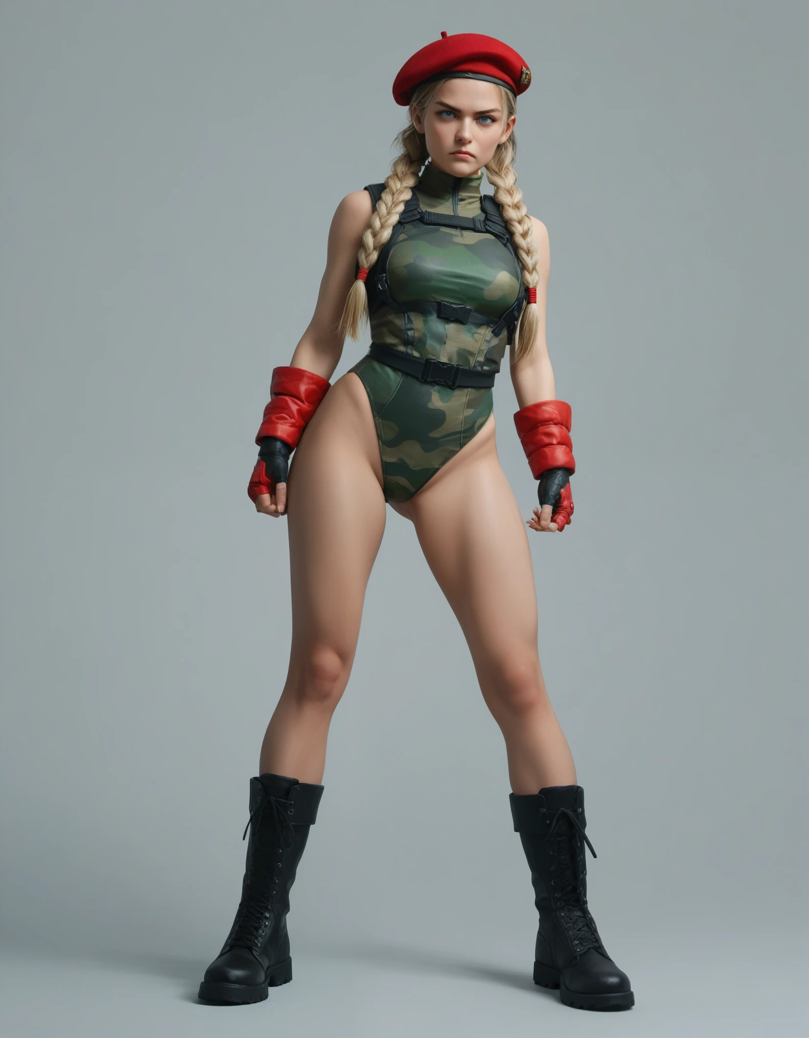 Stylized, full-body illustration of a female cally character in a dynamic pose. She has light skin and long blonde hair styled in two braids. She is wearing a red beret, red fingerless gloves, a green leotard with camouflage patterns, and black combat boots. Her facial expression is determined, with blue eyes and a slight frown. The background is plain white, making the character the focal point of the image.anime, anatomicamente correto, super detalhado, alta qualidade, 4K, anatomicamente correto, altos detalhes, superdetalhado, 4K