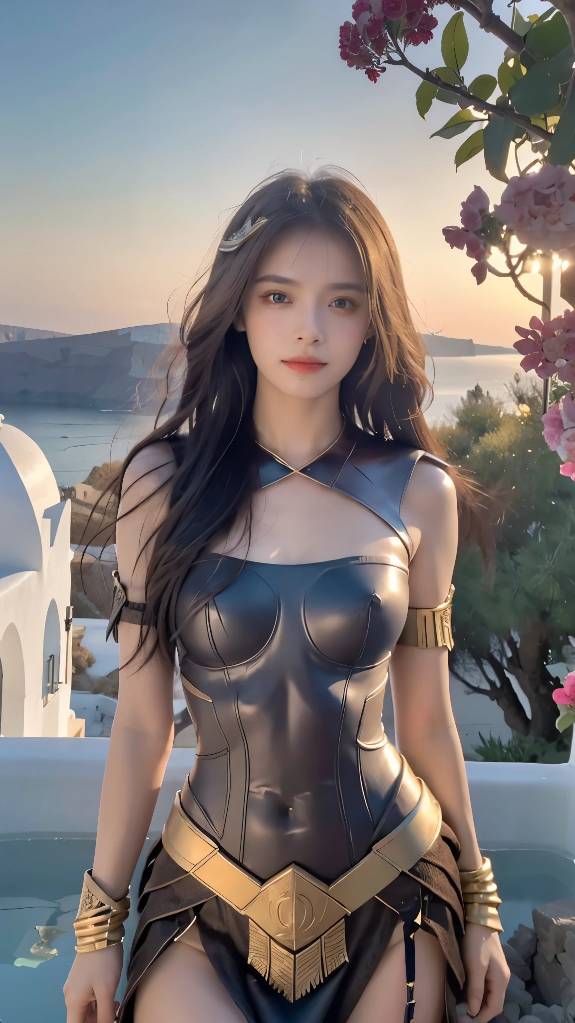 masterpiece, The best quality, Ultra-high resolution, High detail photo, Unity 8K Wallpaper, Extremely detailed CG:1.2), depth of field, bokeh, (RAW photo:1.realistic photography:1.4), (1girl:1.5), young, physically based representation, beautiful, (Finely detailed face:1.4, detailed clothing), (detailed:1.4) named (Eimi Fukada:1.1) BREAK Cara hermosa, depth of field, Add layer, hyperrealistic, 27 years old, perfect body model, perfect breasts, 175cm tall, pose sexy, full body, Whole body, Model Body Type, BREAK (extreme skin details:1.1), skin details, (Valkyrie costume:1.3), double eyelid BREAK smile, seductive pose, standing, standing outside, Santorini house, outdoor, Mediterranean style, (santorini:1.3), (close up:0.3), feathers, floating feathers