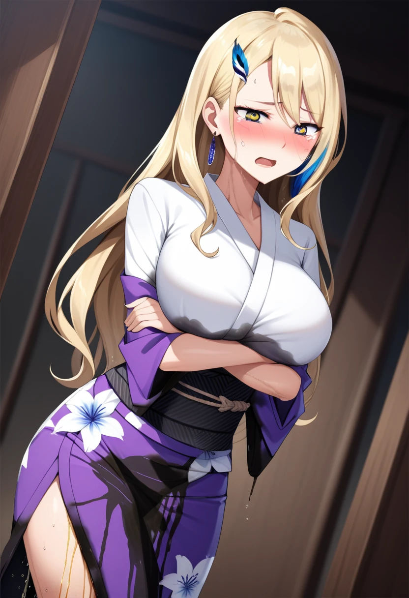 (high quality,Very detailed:1.37, High resolution), Woman, Serval Landau, kimono, long kimono, large breasts, (wetting herself:1.5), (standing:1.5), embarrassed, humiliation, (sweating:1.5), (blushing:1.5), Meticulous details, (extremely detailed eyes:1.37), (arms crossed:1.5)