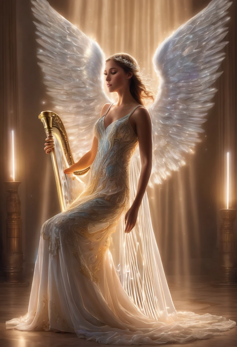 a portrait of photorealistic an angel playing harp(holding harp:0.6) in stunning moment with a heavenly transition luminescent movement backgound, luminous dress, glowing dress, harp, music, singing, UHD, intricate detailed, 8k, best quality ever, masterpiece, super detailed, unleashed creativity, beyond imagination, dramatic light