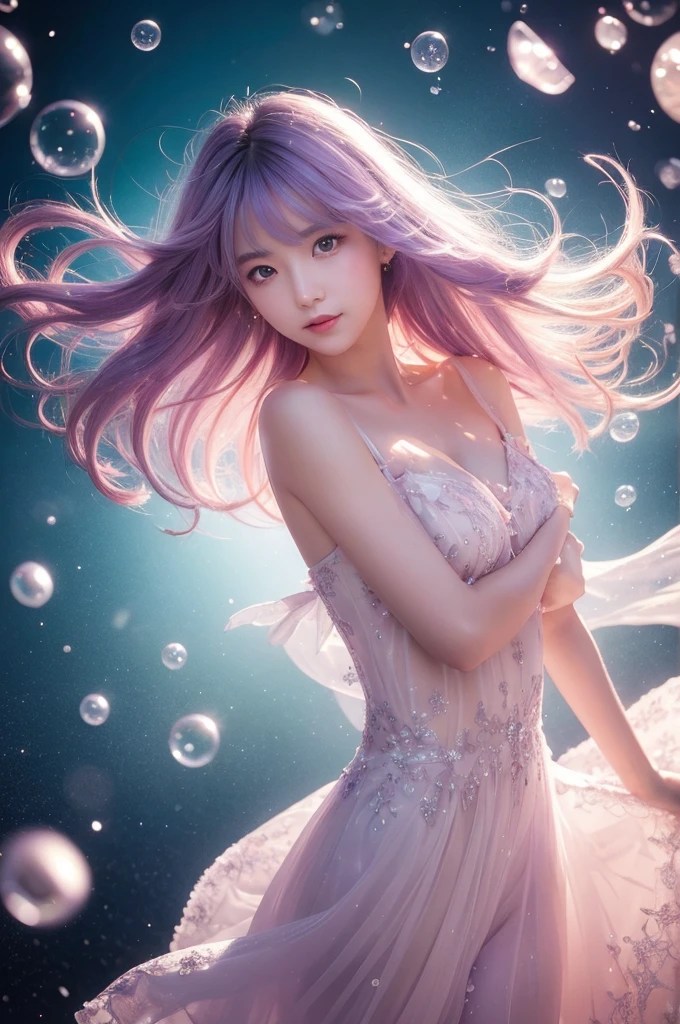 This image contains、It depicts a beautiful Japanese girl surrounded by a fantastical background.。The background is filled with pale pink and purple light.、It creates an atmosphere that makes you feel like you are in a dream.。The beautiful girl is wearing a thin white outfit.、The costume reflects the light and sparkles.。The thinness of the costume beautifully accentuates the lines of the body.、It further enhances the fantastic atmosphere.。
The beautiful girl has light purple hair、Softly spreads、It shines with light。Her pose is elegant、She is leaning forward slightly and looking towards me.、She has a soft and seductive look。
As a photographic technique、The contrast of light and shadow is very realistic.、The texture of the clothes and hair in particular is depicted in great detail.。Background light effects、The way the soap bubbles fly is also depicted in great detail.、Overall, a fantastic and beautiful scene has been completed.。The vertical composition emphasizes the beautiful girl's figure.、The fantastic light in the background creates a super-realistic, photo-realistic texture.。