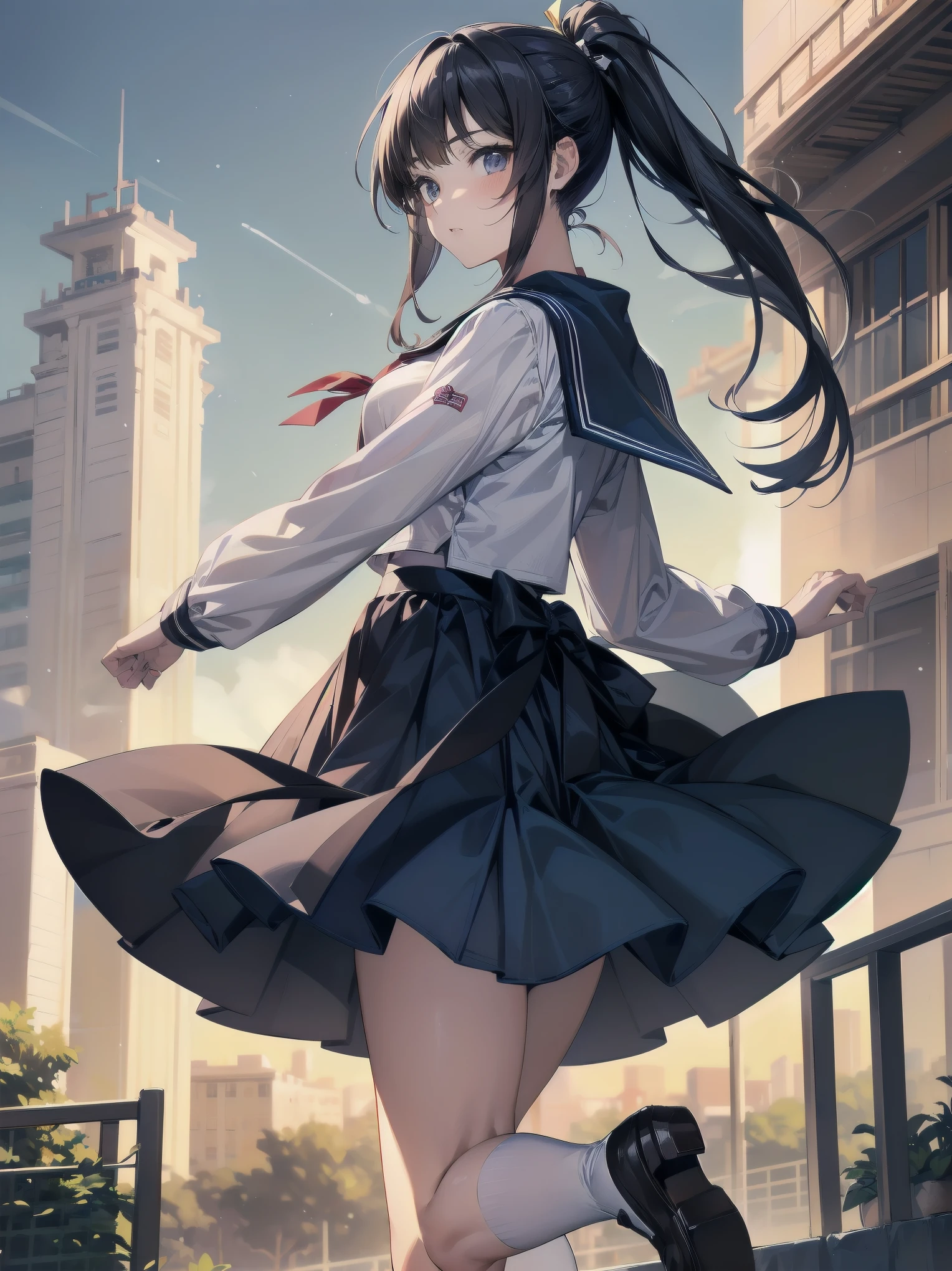 Masterpiece, illustration, super detailed, kawaii, one girl, 独奏, slender 14 year old, Japanese girl, chou chou, ribbon, nape of neck, low ponytail, cute pose in Less revealing attire, (Sailor uniform from Girls' Saint Academy, navy blue, white with 3 lines on collar), priss skirt, white socks, loafers, , Long Sleeves, White innerwear for sailor suit, living room, cowgirl shot, sfw, dynamic angle、Close-up on the characters、(building, city、A dense fog of fluorescent particles、1800Era、Japanese Style、Fiction、grow、Overwhelming、Detailed street)、A beautiful girl with a beautiful background and a super cute pose