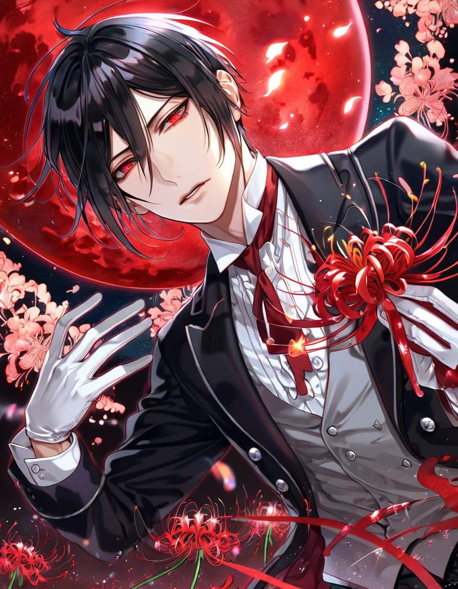 absurdres, highres, ultra detailed, HDR, master piece, best quality, extremely detailed, Sebastian Michaelis, black hair, expressive red eyes, Kuroshitsuji, solo, sexy man, handsome, sensual, black butler clothes, white gloves, fantasy, red blood water, sparkling, red glittering fireflies, red moon, red blossoms, red spider lilies, red sparkling lights, starry sky, magical