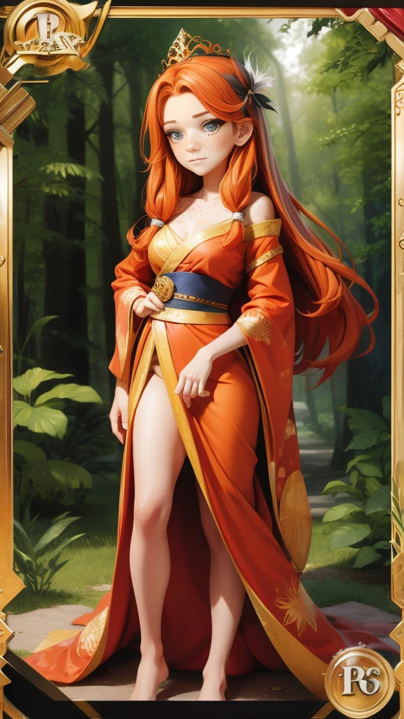 Full-body shot, 18 years old princess bard, (signing), striking figure, long ginger hair, wavy hairs, fair skin, (((freckles))), innocent and regal appearance, expressive eyes filled with curiosity and determination, slender frame, elegant grace, ornate orange kimono with black and white borders, feather crown, in a forest