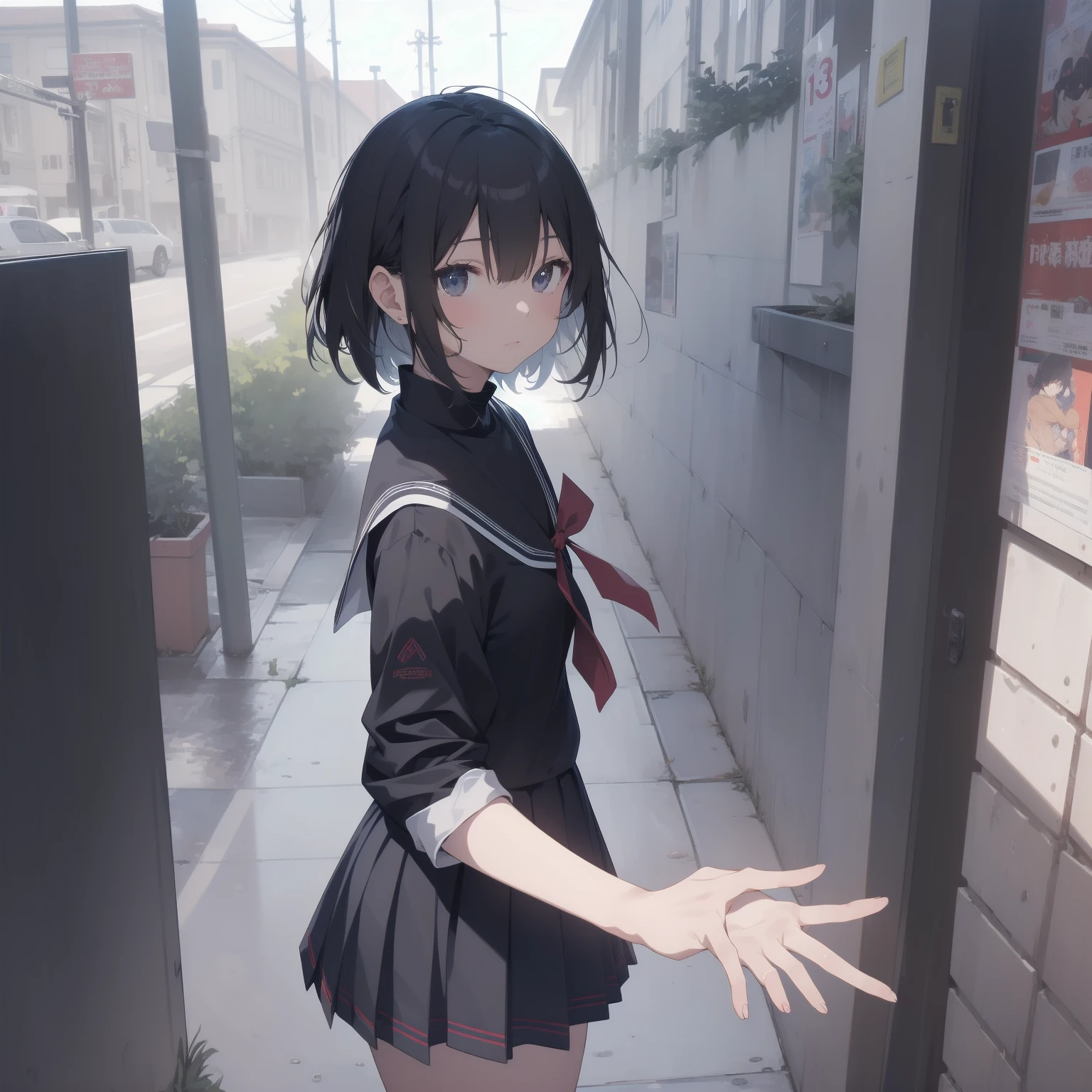 ultra-absurdres-Top quality by artist God, ultra-detailed, high resolution, anime moe artstyle, best anime 8k konachan wallpaper, pixiv contest winner, pool:2810, perfect anatomy,break, 1girl, (Please draw a girl walking sleepily to school alone. )break,(Solo,little female, 13-year-old:1.3),Full limbs, complete fingers,a junior high school student, (very short hair), short cut, flat chest, , small butt, small black eyes, beautiful detailed eyes, well-proportioned iris and pupils, expressive eyes, highres detailed hair, soft expression, salor school_uniform, sailor collar, serahuku, bow, pleated skirt,(Detailed Lighting), (Detailed background), in the School commute route. break,super detailed skin, Best cinematic lighting powered by famous artist, 8k,beauty illustration,photoshop_(medium),very aesthetic,break,((artist:anti_(untea9) )), artist:clamp ,artist:carnelian ,artist:kantoku ,