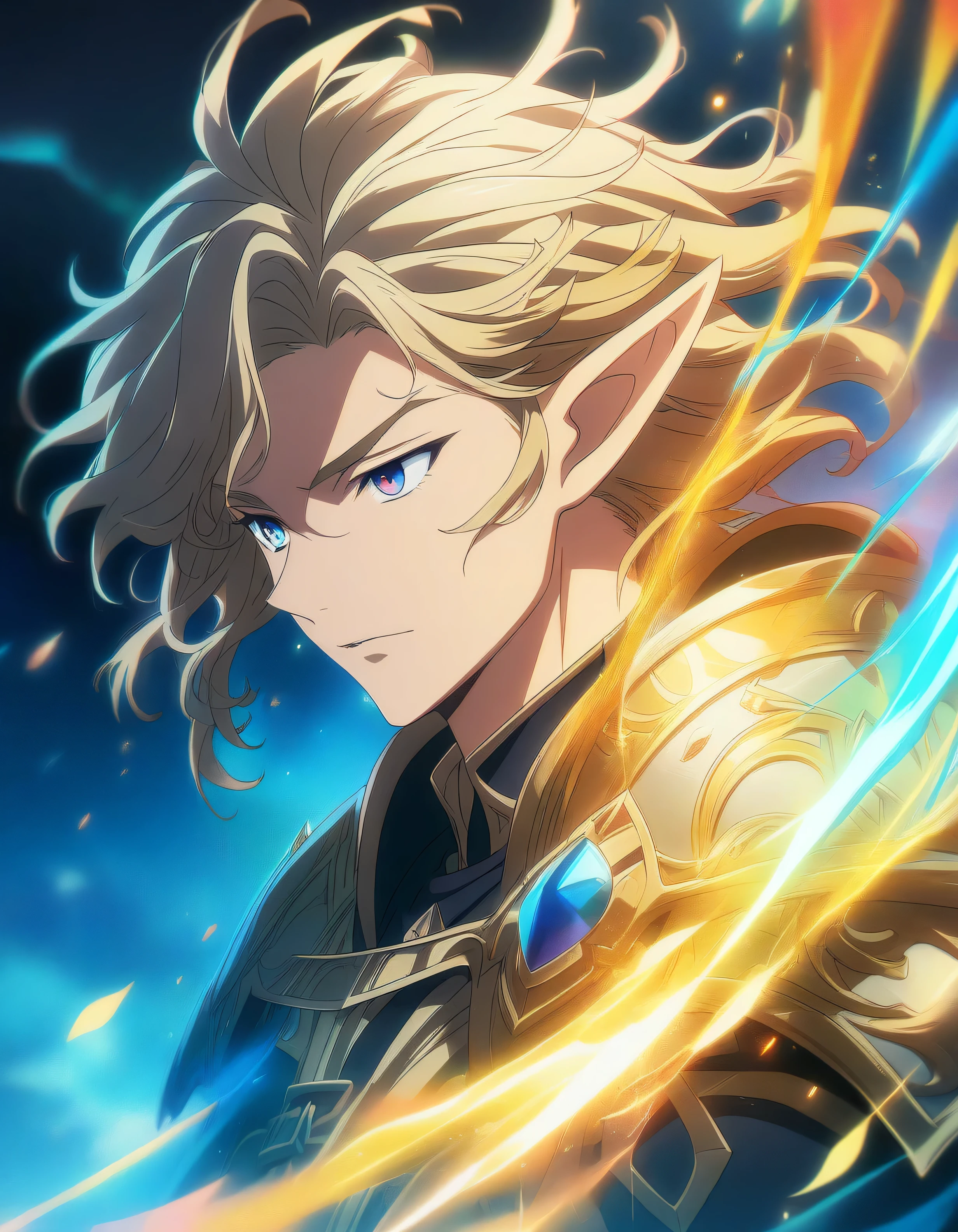 1boy, paladin portrait of a 2 male evil elf with short dark blonde hair, Dungeons & Dragons, aesthetic, dungeons and dragons, yellow irises!! elf, rogue, sharp focus, d & d, fantasy, intricate, elegant, digital painting, art, (masterpiece), (best quality), (ultra-detailed), very aesthetic, illustration, disheveled hair, perfect composition, moist skin, intricate details, anime artwork, anime style, key visual, vibrant, studio anime, highly detailed