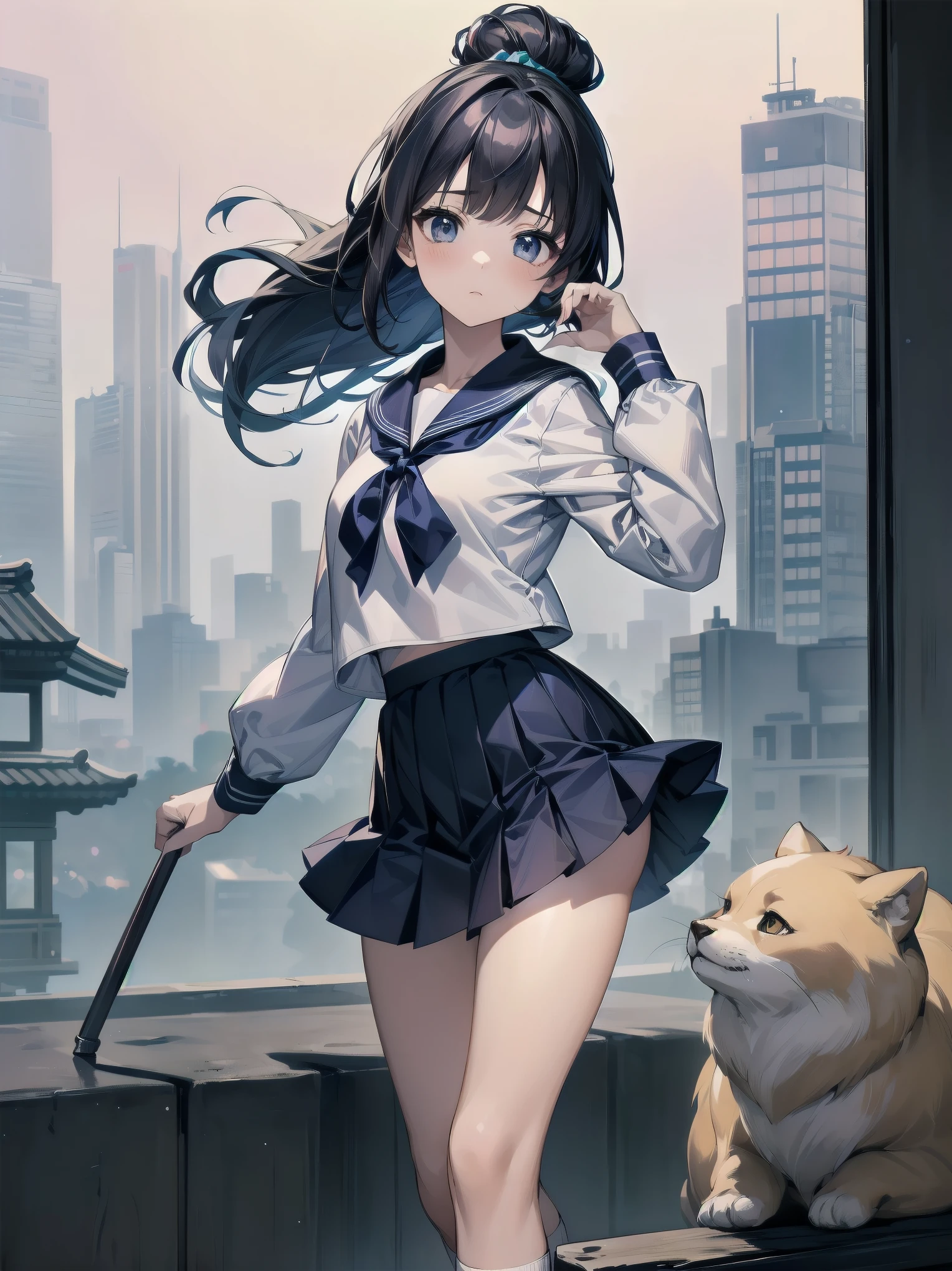 Masterpiece, illustration, super detailed, kawaii, one girl, 独奏, slender 14 year old, Japanese girl, chou chou, ribbon, nape of neck, low ponytail, cute pose in Less revealing attire, (Sailor uniform from Girls' Saint Academy, navy blue, white with 3 lines on collar), priss skirt, white socks, loafers, , Long Sleeves, White innerwear for sailor suit, living room, cowgirl shot, sfw, dynamic angle、Close-up on the characters、(building, city、A dense fog of fluorescent particles、1800Era、Japanese Style、Fiction、grow、Overwhelming、Detailed street)、A beautiful girl with a beautiful background and a super cute pose