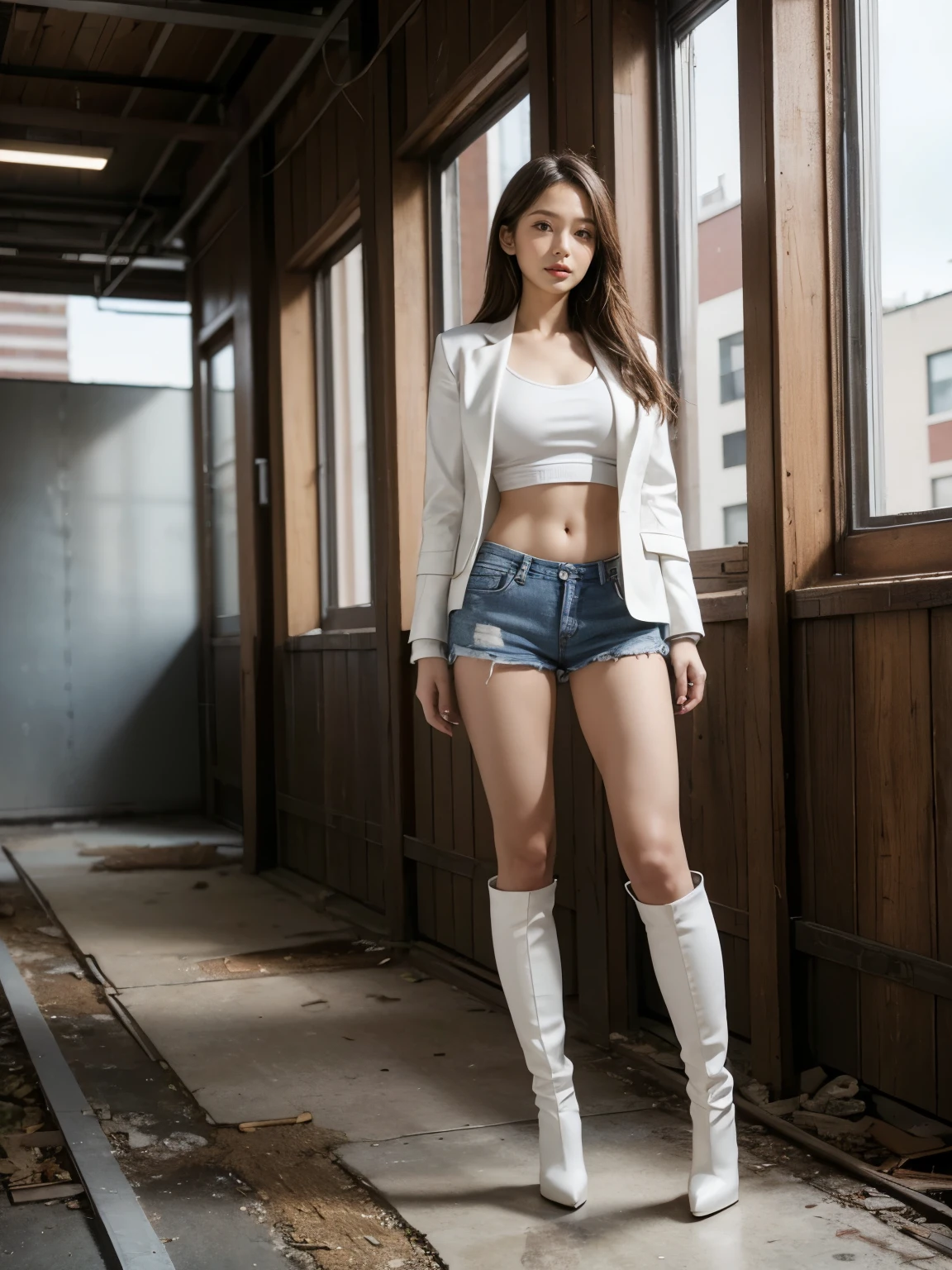 masterpiece,highest quality,High resolution,Full Body View,White jacket,Red innerwear,Belly button,Belted denim mini shorts,The heroine in white long boots with high heels,Perfect Legs,Perfect Skin,Perfect Arms,Abdominal muscles,The background is an abandoned factory