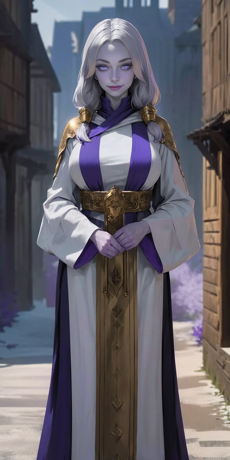 (Triplets)(chest covered)(smile)Gray skin, pale golden hair and violet eyes. They prefer clothing of white and silver with cloaks of deep blue or purple,village background, huge_knockers, ((very precise detailed)), ((highres)