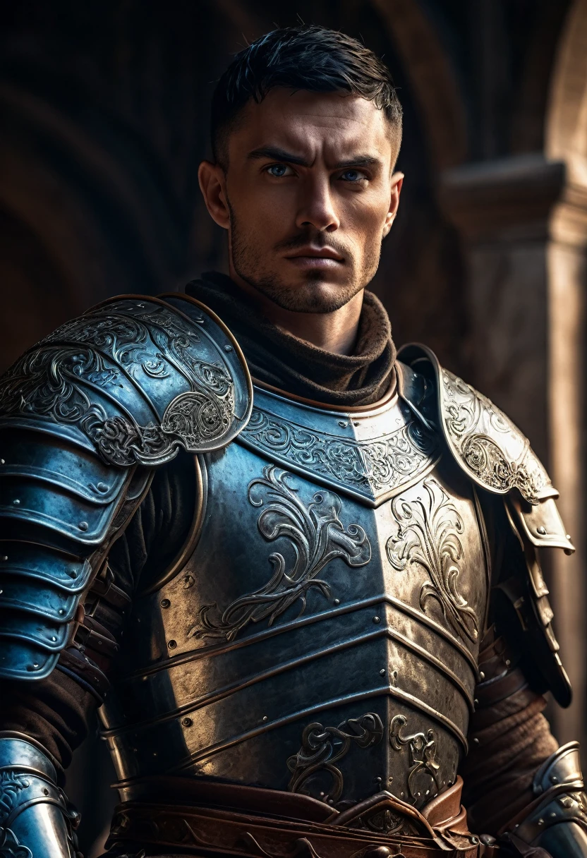 a muscular european male warrior with black short hair, detailed facial features, piercing blue eyes, sharp jawline, wearing ornate armor, holding a sword, medieval fantasy setting, dramatic lighting, cinematic composition, (best quality,4k,8k,highres,masterpiece:1.2),ultra-detailed,(realistic,photorealistic,photo-realistic:1.37),intricate details,epic scale,dramatic shadows,moody atmosphere,muted earthy colors,volumetric lighting,chiaroscuro,cinematic camera angle,heroic pose