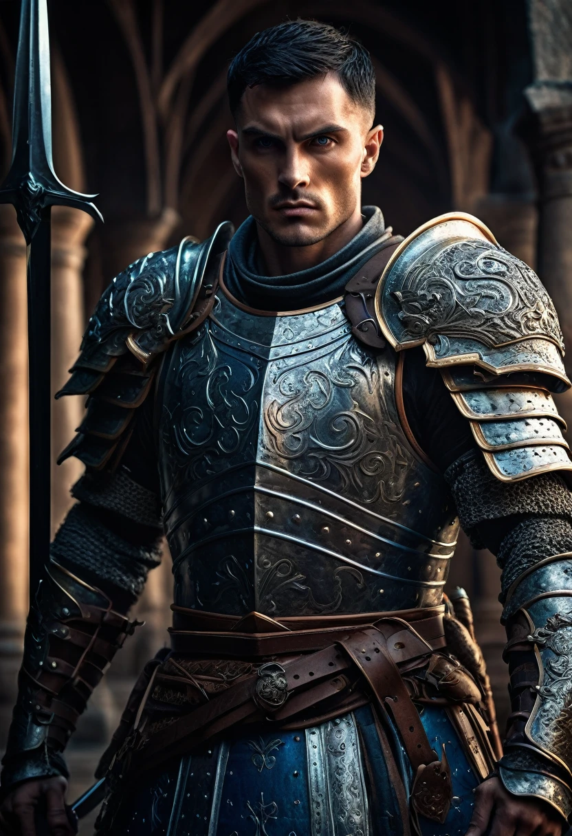 a muscular european male warrior with black short hair, detailed facial features, piercing blue eyes, sharp jawline, wearing ornate armor, holding a sword, medieval fantasy setting, dramatic lighting, cinematic composition, (best quality,4k,8k,highres,masterpiece:1.2),ultra-detailed,(realistic,photorealistic,photo-realistic:1.37),intricate details,epic scale,dramatic shadows,moody atmosphere,muted earthy colors,volumetric lighting,chiaroscuro,cinematic camera angle,heroic pose