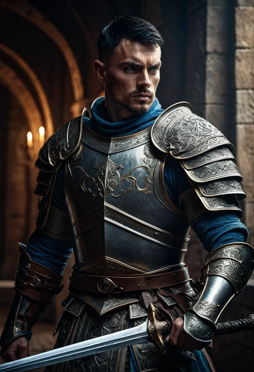 a muscular european male warrior with black short hair, detailed facial features, piercing blue eyes, sharp jawline, wearing ornate armor, holding a sword, medieval fantasy setting, dramatic lighting, cinematic composition, (best quality,4k,8k,highres,masterpiece:1.2),ultra-detailed,(realistic,photorealistic,photo-realistic:1.37),intricate details,epic scale,dramatic shadows,moody atmosphere,muted earthy colors,volumetric lighting,chiaroscuro,cinematic camera angle,heroic pose