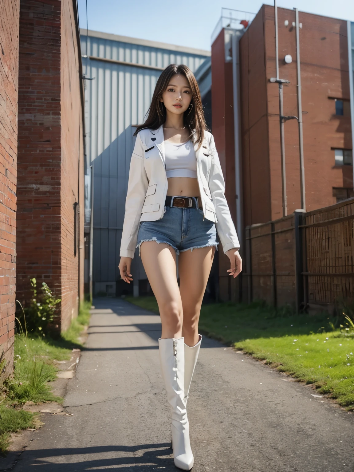 masterpiece,highest quality,High resolution,Full Body View,White jacket,Red innerwear,Belly button,Belted denim mini shorts,The heroine in white long boots with high heels,Perfect Legs,Perfect Skin,Perfect Arms,Abdominal muscles,The background is an abandoned factory