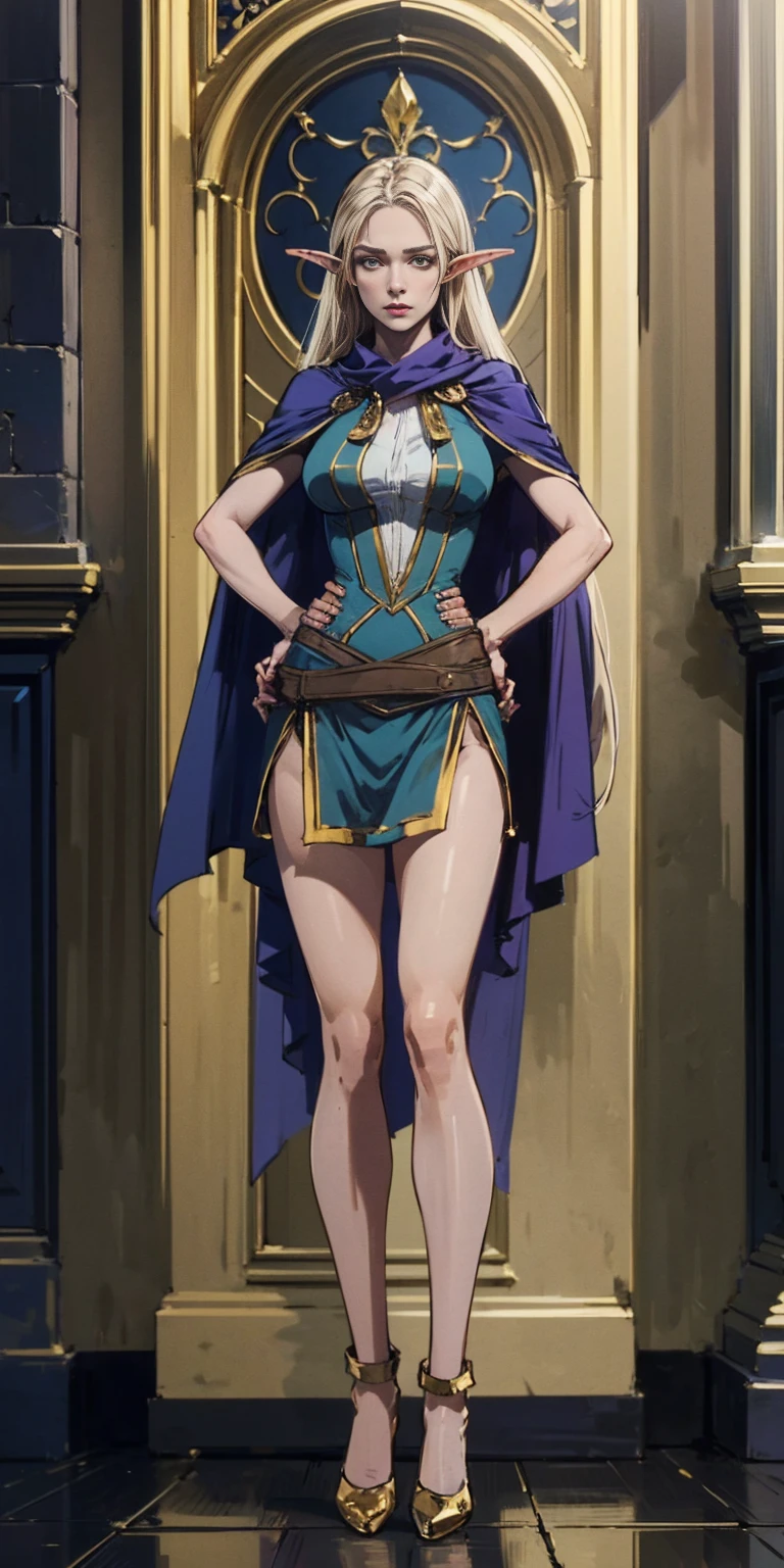 masterpiece, best quality, high quality, Erwin, elf, long hair, pale hair, yellow eyes, purple skin, deep blue cape with golden ornaments (1solofemale full body standing straight symmetrical, hands on hips)