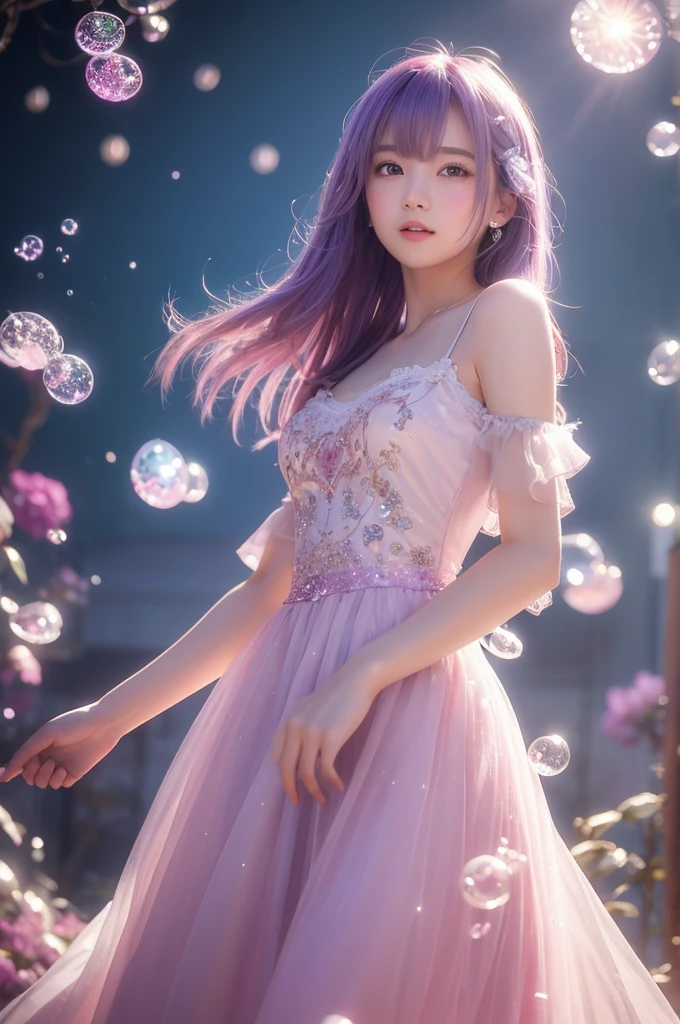 This image contains、It depicts a beautiful Japanese girl surrounded by a fantastical background.。The background is filled with pale pink and purple light.、It creates an atmosphere that makes you feel like you are in a dream.。The beautiful girl is wearing a thin white outfit.、The costume reflects the light and sparkles.。The thinness of the costume beautifully accentuates the lines of the body.、It further enhances the fantastic atmosphere.。
The beautiful girl has light purple hair、Softly spreads、It shines with light。Her pose is elegant、She is leaning forward slightly and looking towards me.、She has a soft and seductive look。
As a photographic technique、The contrast of light and shadow is very realistic.、The texture of the clothes and hair in particular is depicted in great detail.。Background light effects、The way the soap bubbles fly is also depicted in great detail.、Overall, a fantastic and beautiful scene has been completed.。The vertical composition emphasizes the beautiful girl's figure.、The fantastic light in the background creates a super-realistic, photo-realistic texture.。