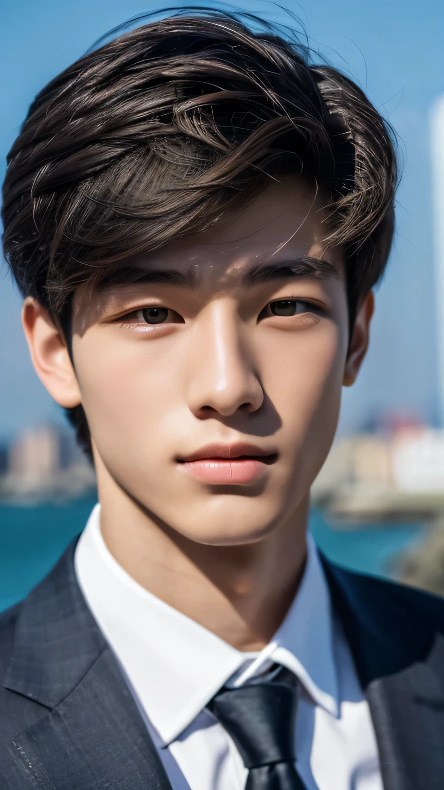 Highest quality, masterpiece, Ultra-high resolution, (Realistic: 1.4), Original photo, wallpaper, Head Photo, skin, Simple Background, Iris, detailed, Selfie, 1 boy, 18-year-old, good looking, Wind,suit、Rocky area