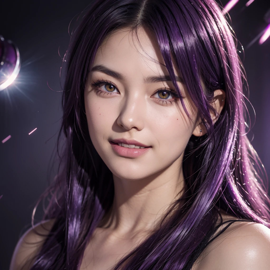 purple hair, colored inner hair, medium hair, shiny hair, yellow eyes, ringed eyes, longeyelashes, evil smile, fingersmile, seductive smile, naughty, happy, skin fang, raised eyebrow, Surrealism, Conceptual art, Surrealism, glowing light, sparkle, cinematic lighting, projected inset, cowboy shot, lens flare, 8k, super detail, UHD, masterpiece, accurate, accurate, textured skin, textured skin, high details, high quality, award winning, best quality, highres