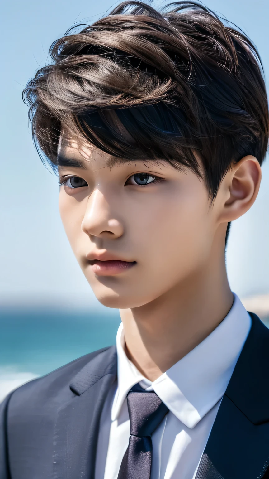 Highest quality, masterpiece, Ultra-high resolution, (Realistic: 1.4), Original photo, wallpaper, Head Photo, skin, Simple Background, Iris, detailed, Selfie, 1 boy, 18-year-old, good looking, Wind,suit、Rocky area
