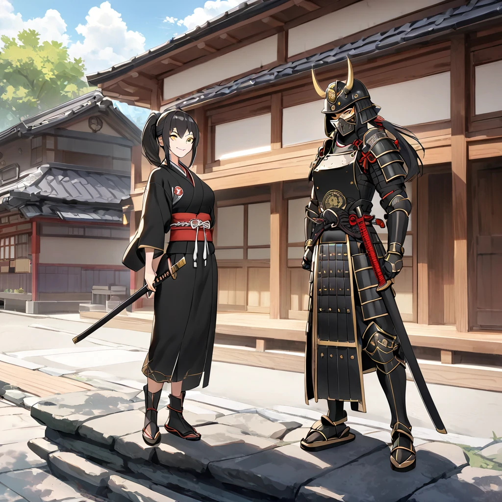 A woman wearing heavy black samurai armor with gold details, metal shoulder pads, black metal boots, wearing a traditional samurai helmet, metal bracelet, holding a katana without a sheath, on a stone platform, a place with Japanese aesthetics, a Japanese house in the background , black hair, long hair, ponytail hair, yellow eyes, smiling, perfect face, daytime location.
