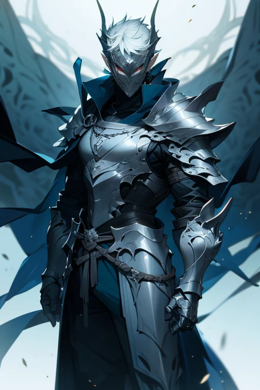 man, blond hair, short hair, green eyes, wears a mask that covers his entire face, only leaving his eyes and ears showing and his hair is also showing, pointy ears, wears a blue cloak with a contrasting black and has a symbol of a dragon with a white sword on it, he wears armor on his waist, the scene is a field full of swords stuck in him