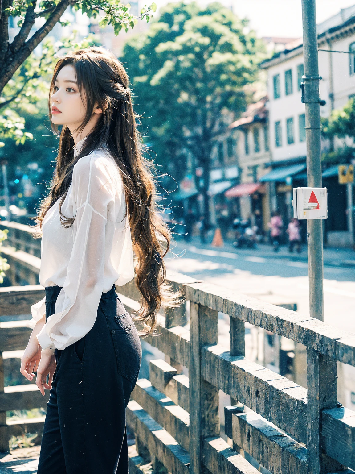 (((ultra detail))), (((realistic))), (((depth of field))), whole body, from the side, head tilt, incredibly detailed, longuette, 1 woman, 20 years old, very long hair, Curly hair, high ponytail, light brown hair, beautiful and delicate hair, perfect face, Delicate arms and hands, slim legs, White skin, piercing, oversized clothes, big top sleeves, black pants, open clothes, cityscape, delicate background, blurred background, very delicate and beautiful, {{{wallpaper 8k CG}}}, {{{best quality}}}, {{{the greatest masterpiece}}},