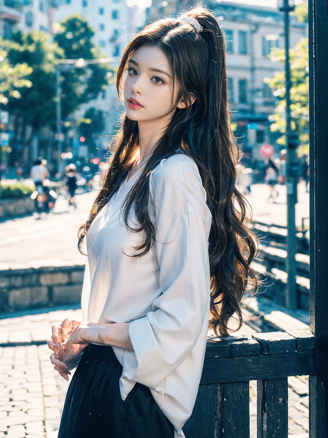 (((ultra detail))), (((realistic))), (((depth of field))), whole body, from the side, head tilt, incredibly detailed, longuette, 1 woman, 20 years old, very long hair, Curly hair, high ponytail, light brown hair, beautiful and delicate hair, perfect face, Delicate arms and hands, slim legs, White skin, piercing, oversized clothes, big top sleeves, black pants, open clothes, cityscape, delicate background, blurred background, very delicate and beautiful, {{{wallpaper 8k CG}}}, {{{best quality}}}, {{{the greatest masterpiece}}},