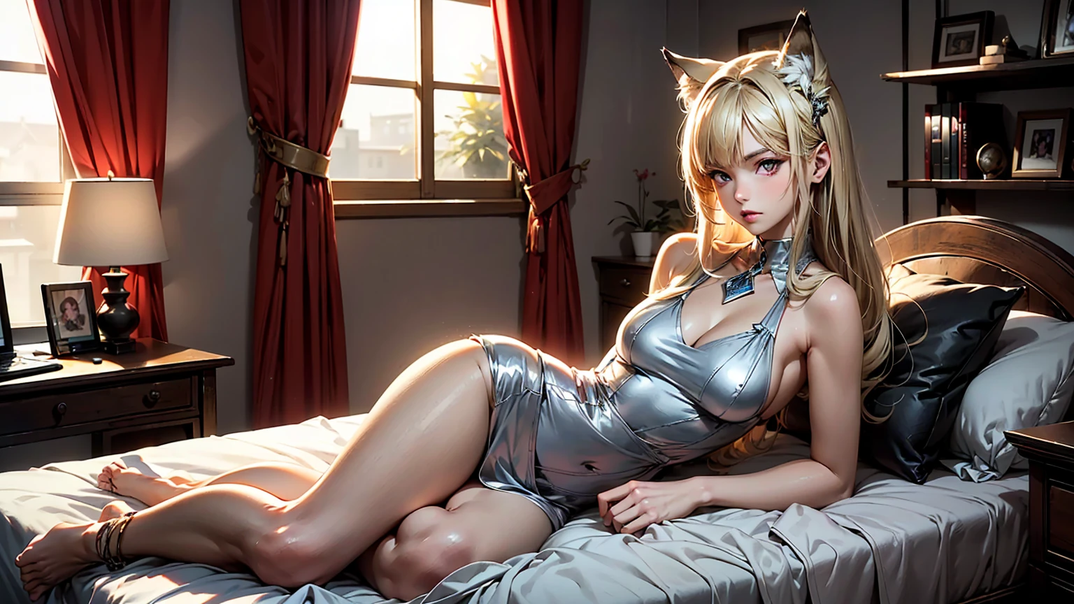 Create a high-quality image of a stunning 18-year-old wolf girl with tan skin. She has long, flowing blonde hair and captivating red eyes. She is nude, laying on her bed in a dimly lit gaming bedroom, with the window open, letting in a gentle night breeze that slightly ruffles her hair. Her posture is alluring, with her body partially turned towards the camera, giving a seductive look over her shoulder. The moonlight softly illuminates her figure, adding a gentle glow to her skin.
The bedroom is a modern, cozy space filled with nerdy items that showcase her love for video games and anime. It features a high-end gaming PC with RGB lighting, a sleek gaming desk cluttered with gaming peripherals, an ergonomic gaming chair, and the latest gaming console. The walls are adorned with stylish anime posters, and shelves are lined with anime figurines and collectibles.
The bedding is a mix of soft, dark colors, enhancing the intimate atmosphere of the room. Intricate details like a plush rug, a stack of gaming magazines, and a few open manga volumes on the bedside table add to the room's character. The overall ambiance is cozy and inviting, with a mix of modern and personal touches that reflect the wolf girl's unique personality and interests.