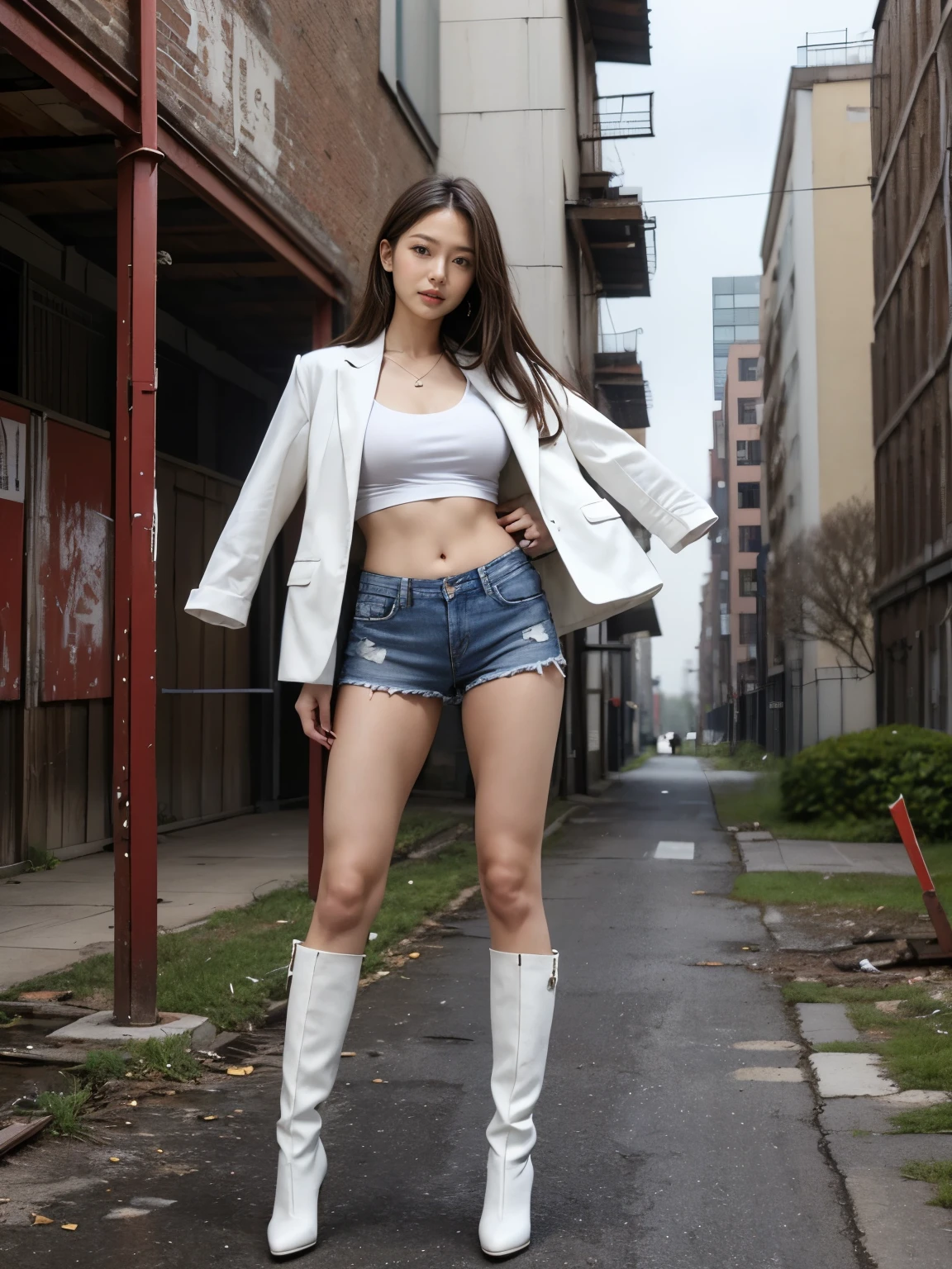 masterpiece,highest quality,High resolution,Full Body View,White jacket,Red innerwear,Belly button,Belted denim mini shorts,The heroine in white long boots with high heels,Perfect Legs,Perfect Skin,Perfect Arms,Abdominal muscles,The background is an abandoned factory