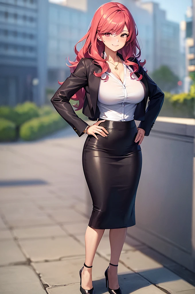 ((masterpiece, best quality, ultra-detailed)), 1girl, beautiful business woman standing in city, smiling, blush, wearing pink blouse and blazer, bracelet, necklace, black midi pencil skirt, black skirt, heels, full body, wavy red hair, wide hips, hand on hip