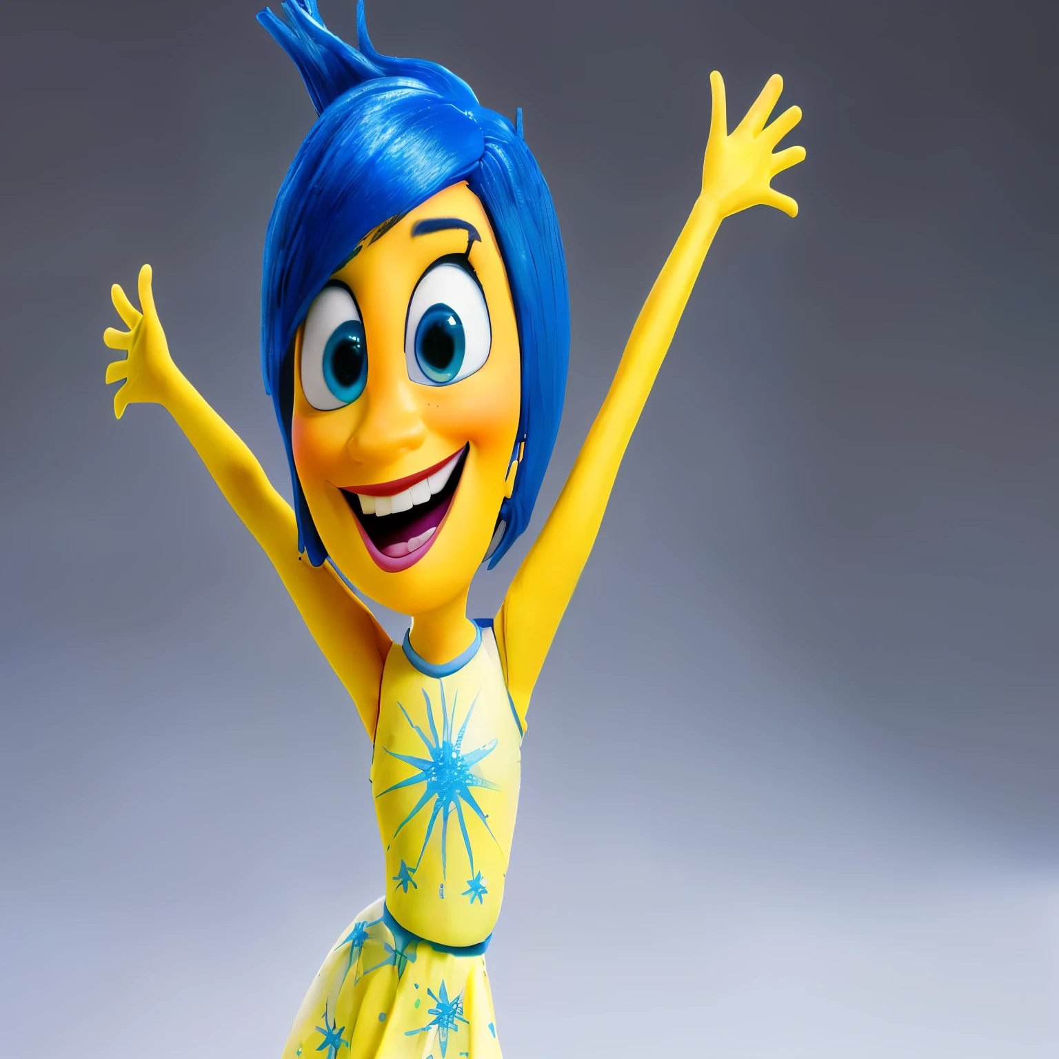 a close-up of a toy figure of a woman with blue hair, yellow skin, depicted as a pixar character, as a pixar character, pixar character, portrait pixar photo 8k, ideal pixar character, cute pixar character, animated film, da Pixar, pixar renderman render, cheerful grin, like a clay character, movie character, frame from pixar film, pixar character design