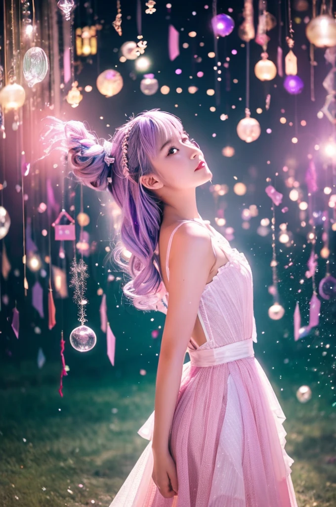 This image contains、It depicts a beautiful Japanese girl surrounded by a fantastical background.。The background is filled with pale pink and purple light.、It creates an atmosphere that makes you feel like you are in a dream.。The beautiful girl is wearing a thin white outfit.、The costume reflects the light and sparkles.。The thinness of the costume beautifully accentuates the lines of the body.、It further enhances the fantastic atmosphere.。
The beautiful girl has light purple hair、Softly spreads、It shines with light。Her pose is elegant、She is leaning forward slightly and looking towards me.、She has a soft and seductive look。
As a photographic technique、The contrast of light and shadow is very realistic.、The texture of the clothes and hair in particular is depicted in great detail.。Background light effects、The way the soap bubbles fly is also depicted in great detail.、Overall, a fantastic and beautiful scene has been completed.。The vertical composition emphasizes the beautiful girl's figure.、The fantastic light in the background creates a super-realistic, photo-realistic texture.。