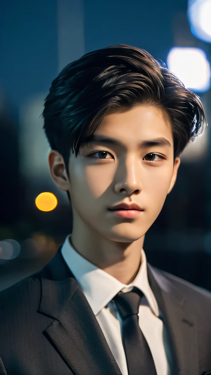 Highest quality, masterpiece, Ultra-high resolution, (Realistic: 1.4), Original photo, wallpaper, Head Photo, skin, Simple Background, Iris, detailed, Selfie, 1 boy, 18-year-old, good looking, Wind,suit、night