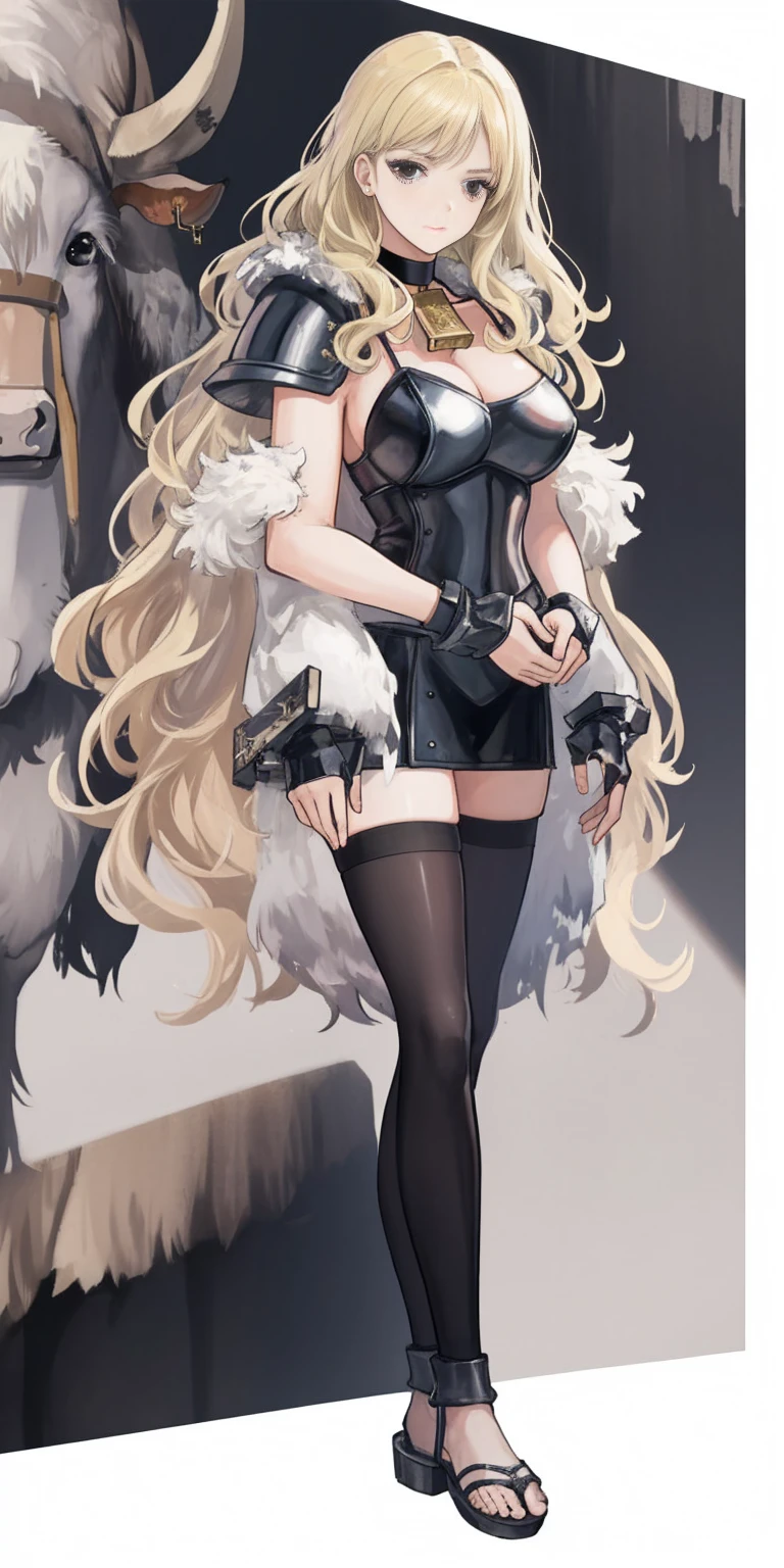 standing straight symmetrical, full body, solo girl looking to the camera, beautiful woman, viking warrior, fur cloak, armor, blonde hair, wavy hair, (closeup, portrait shot), (solo), realistic, cow bell choker, metal sandals, black thigh highs
